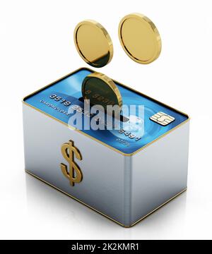 Moneybox mit Kreditkarte und Goldmünzen. 3D Abbildung Stockfoto