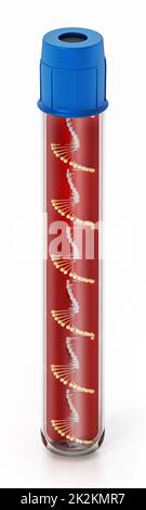 DNA-Helix im Blutröhrchen isoliert auf weißem Hintergrund. 3D Abbildung Stockfoto