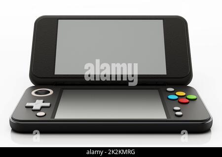 Klassische Handheld-Spielkonsole isoliert auf weißem Hintergrund. 3D Abbildung Stockfoto