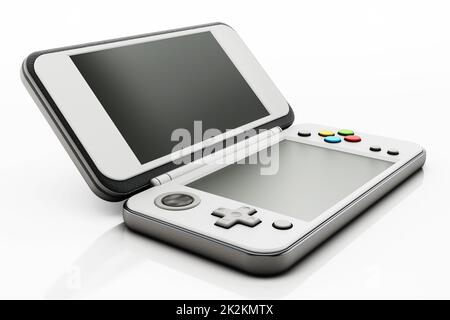 Klassische Handheld-Spielkonsole isoliert auf weißem Hintergrund. 3D Abbildung Stockfoto