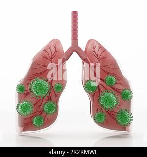 Grüne Viren um die menschliche Lunge. 3D Abbildung Stockfoto