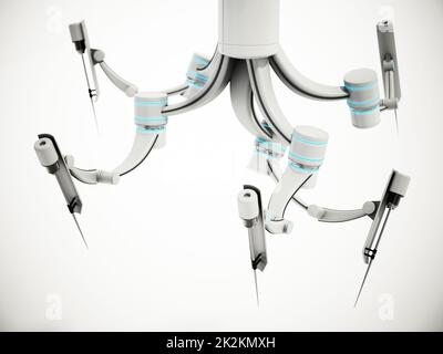 Roboterarme für die roboterassistierte Chirurgie isoliert auf weißem Hintergrund. 3D Abbildung Stockfoto