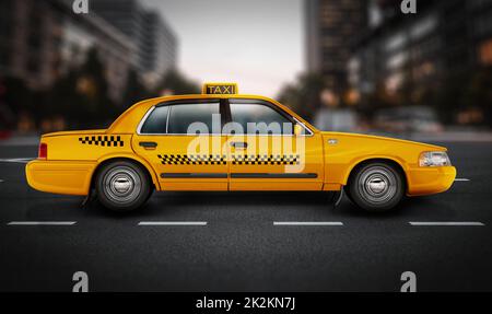Gelbes Taxi auf der Straße. 3D Abbildung Stockfoto