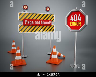 404 Webseite nicht gefunden, Fehler Schilder und Verkehrskegel. 3D Abbildung Stockfoto