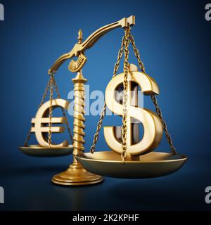 Goldene Euro- und Dollar-Zeichen, die auf einer ausgewogenen Skala stehen. 3D Abbildung Stockfoto