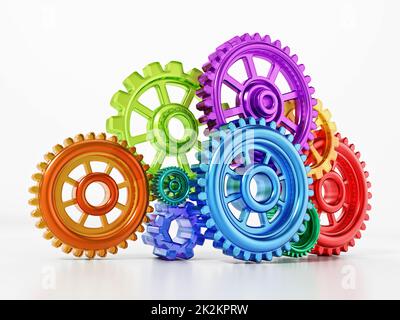 Bunte, miteinander verbundene Zahnräder in Bewegung, die eine Wolkenform bilden. 3D Abbildung Stockfoto