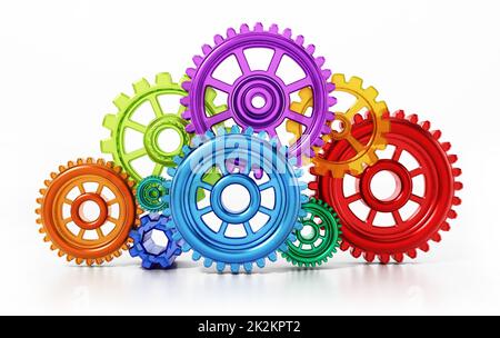 Bunte, miteinander verbundene Zahnräder in Bewegung, die eine Wolkenform bilden. 3D Abbildung Stockfoto