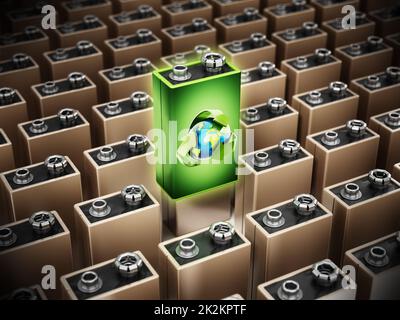 Die grüne Batterie mit Recycling-Symbol hebt sich von normalen Alkaline-Batterien ab. 3D Abbildung Stockfoto