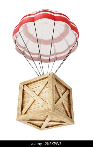 Fallschirm mit Holzkiste isoliert auf weißem Hintergrund. Transport- und Versandkonzept. 3D Abbildung Stockfoto