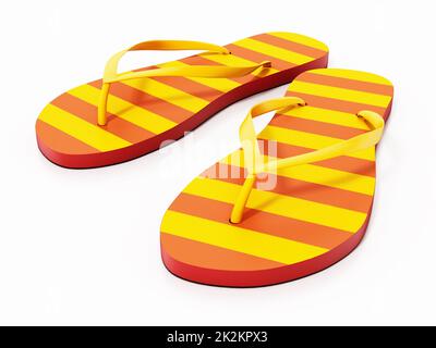 Gelbe und orangefarbene Flip-Flops isoliert auf weißem Hintergrund. 3D Abbildung Stockfoto