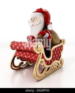 Zeichentrickfigur des Weihnachtsmanns und Schlitten isoliert auf weißem Hintergrund. 3D Abbildung Stockfoto