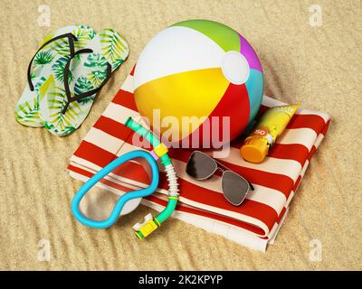 Persönliche Accessoires stehen am Strand Sand. Reise- und Urlaubskonzept. 3D Abbildung Stockfoto