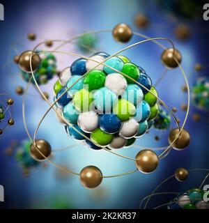 Abstraktes Molekülmodell, das aus farbigen Kugeln besteht. 3D Abbildung Stockfoto