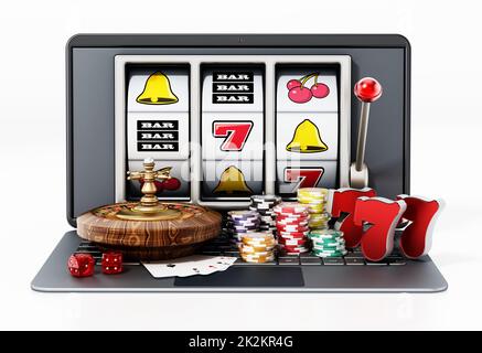 Konzept des Online-Glücksspiels. Roulettetisch, Spielkarten, Casino-Chips stehen auf einem Laptop. 3D Abbildung Stockfoto