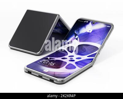 Generisches faltbares Smartphone mit fiktiver Bildschirmschnittstelle isoliert auf weißem Hintergrund. 3D-Illustration Stockfoto