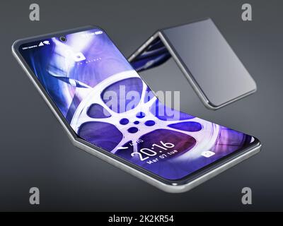 Allgemeines faltbares Smartphone mit fiktiver Bildschirmoberfläche auf grauem Hintergrund isoliert. 3D Abbildung Stockfoto