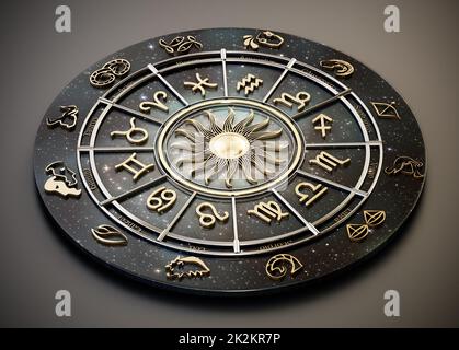 Das Horoskoprad mit Zodiakzeichen und Sternbilder des Zodiakus. 3D Abbildung Stockfoto