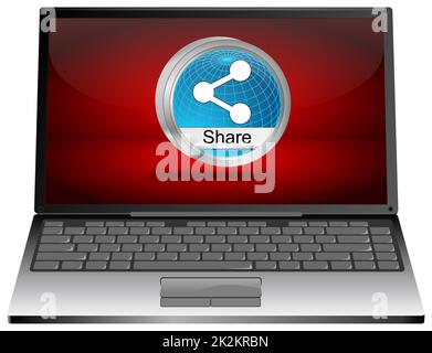 Laptop mit blauer Share-Taste auf rotem Desktop – 3D-Abbildung Stockfoto