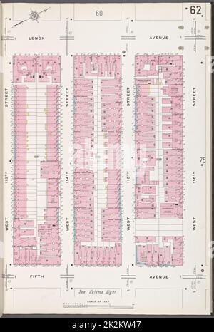 Kartografisch, Karten. 1912. Lionel Pincus und Prinzessin Firyal Map Division. Feuerversicherung , New York (Staat), Immobilien , New York (Staat), Städte & Orte , New York (Staat) Manhattan V. 7, Plate No. 62 Karte begrenzt durch Lenox Ave., W. 116. St., 5. Ave., W. 113. St. Stockfoto