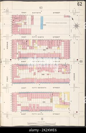 Kartografisch, Karten. 1907. Lionel Pincus und Prinzessin Firyal Map Division. Feuerversicherung , New York (Staat), Immobilien , New York (Staat), Städte & Orte , New York (Staat) Manhattan, V. 6, Plate No. 62 Karte begrenzt durch E. 60. St., Avenue A, E. 56. St., 1. Ave Stockfoto