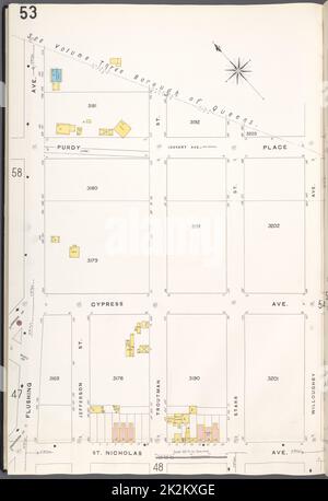 Kartografisch, Karten. 1884 - 1936. Lionel Pincus und Princess Firyal Map Division. Feuerversicherung , New York (Staat), Immobilien , New York (Staat), Städte und Orte , New York (Staat) Brooklyn V. 9, Plate No. 53 Karte begrenzt durch Willoughby Ave., St.Nicholk Ave., Flushing Ave Stockfoto