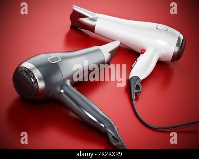 Professionelle Haartrockner auf rotem Hintergrund. 3D Abbildung Stockfoto