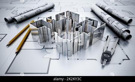 Architekturpläne, Hausmodell, Bleistift und Kompasse. 3D Abbildung Stockfoto