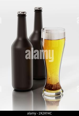 Zwei Bierflaschen und ein Glas Bier, isoliert auf weißem Hintergrund. 3D Abbildung Stockfoto