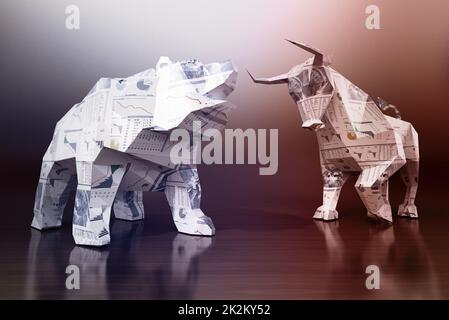 Finanzielle Zahlen und Karten auf niederem Poly Bull und Bär. 3D Abbildung Stockfoto