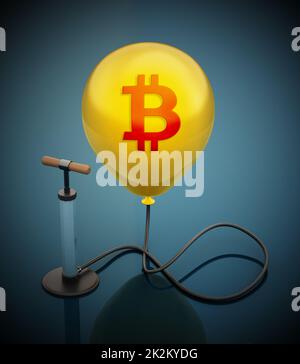 Manuelle Handpumpe, die mit dem aufgeblasenen gelben Ballon mit Bitcoin-Symbol verbunden ist. 3D Abbildung Stockfoto