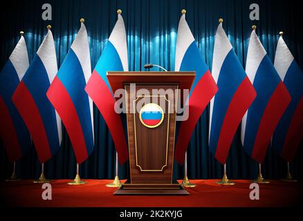 Eine Gruppe russischer Flaggen steht neben dem Rednerpult im Konferenzsaal. 3D Abbildung Stockfoto