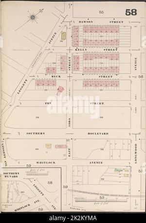 Kartografisch, Karten. 1901. Lionel Pincus und Prinzessin Firyal Map Division. Feuerversicherung , New York (Staat), Immobilien , New York (Staat), Städte & Orte , New York (Staat) Bronx, V. 14, Plate No. 58 Karte begrenzt durch Leggett Ave., Dawson St., Longwood Ave., Whitlock Ave Stockfoto