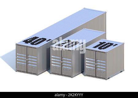 Metallische Schiffsfrachtcontainer 10 20 und 40 Fuß Länge Stockfoto