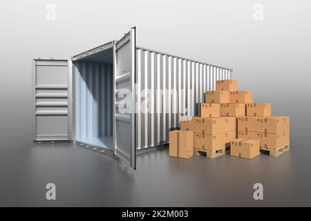 Frachtschiffcontainer Seitenansicht mit Kartons Stockfoto