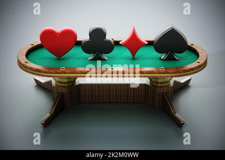 Pokertisch mit Spielkartensymbolen. 3D Abbildung Stockfoto