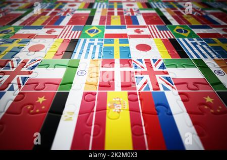 Landflaggen auf Puzzleteilen. 3D Abbildung Stockfoto