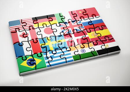 Landflaggen auf Puzzleteilen. 3D Abbildung Stockfoto
