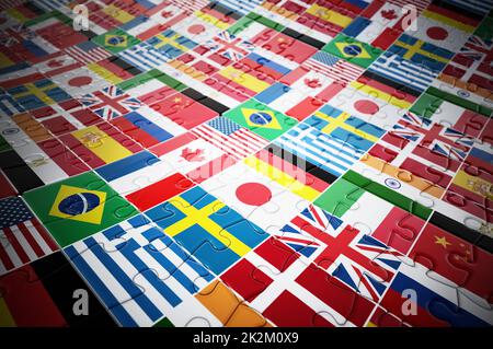 Landflaggen auf Puzzleteilen. 3D Abbildung Stockfoto