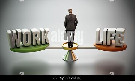Work and Life Balance Scale mit Geschäftsmann im Zentrum. 3D Abbildung Stockfoto