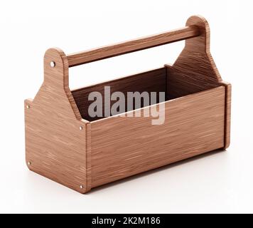 Leerer Werkzeugkasten aus Holz isoliert auf weißem Hintergrund. 3D Abbildung Stockfoto