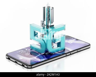 Generisches Smartphone mit 5G-Symbol isoliert auf weißem Hintergrund. 3D Abbildung Stockfoto