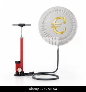 Mit der Handpumpe wird der Ballon mit dem Euro-Symbol aufgeblasen. 3D Abbildung Stockfoto