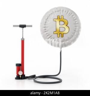 Mit der Handpumpe wird der Ballon mit dem Bitcoin-Symbol aufgeblasen. 3D Abbildung Stockfoto