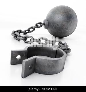 Kugel und Kette isoliert auf weißem Hintergrund. 3D Abbildung Stockfoto