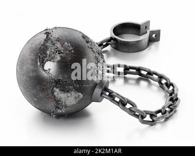 Kette und Schäkel, die mit der erdförmigen Metallkugel verbunden sind. 3D Abbildung Stockfoto
