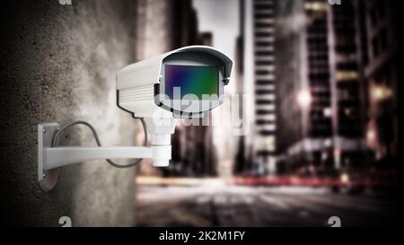 Die Überwachungskamera hängt vor dem Hintergrund der Stadt an der Wand. 3D Abbildung Stockfoto