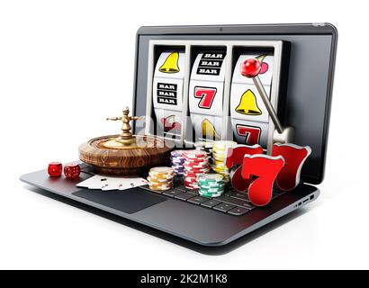 Konzept des Online-Glücksspiels. Roulettetisch, Spielkarten, Casino-Chips stehen auf einem Laptop. 3D Abbildung Stockfoto