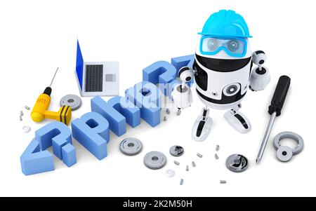 Roboter mit PHP Zeichen. Technologie-Konzept. Isoliert auf weißem Hintergrund. Containsclipping Weg Stockfoto
