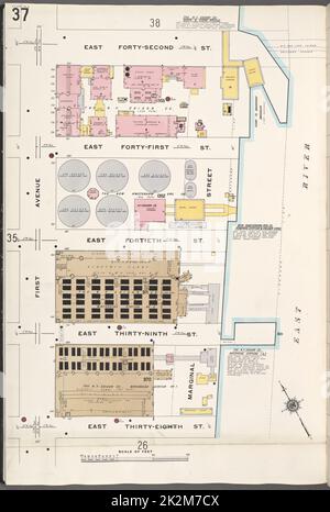 Kartografisch, Karten. 1910. Lionel Pincus und Prinzessin Firyal Map Division. Feuerversicherung , New York (Staat), Immobilien , New York (Staat), Städte & Orte , New York (Staat) Manhattan, V. 4, Plate No. 37 Karte begrenzt durch E. 42. St., E. 38. St., 1. Ave Stockfoto