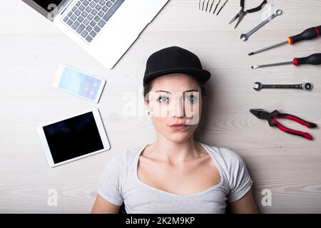 Computer kein Problem, sagt diese Frau Stockfoto